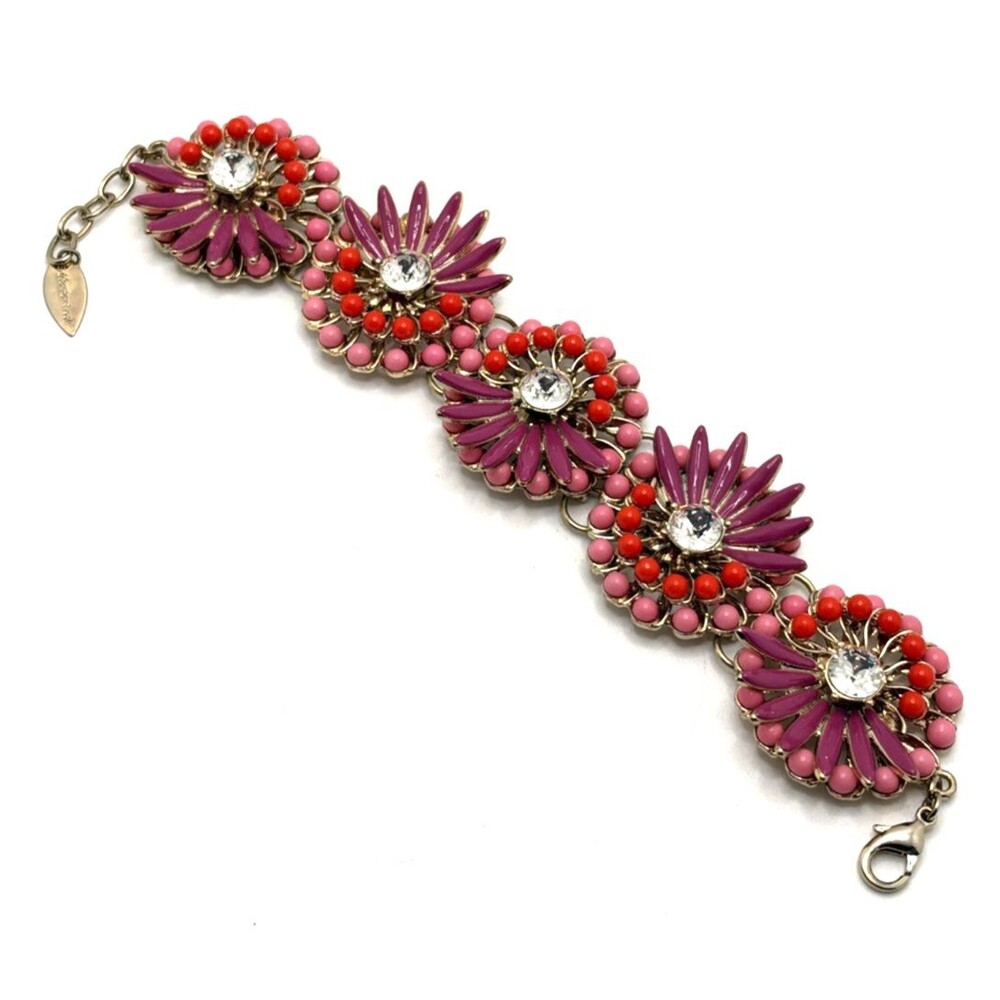 Coldwater Creek Purple Pink Enamel Clear Rhinestone Floral Bracelet 7.5" to 9"